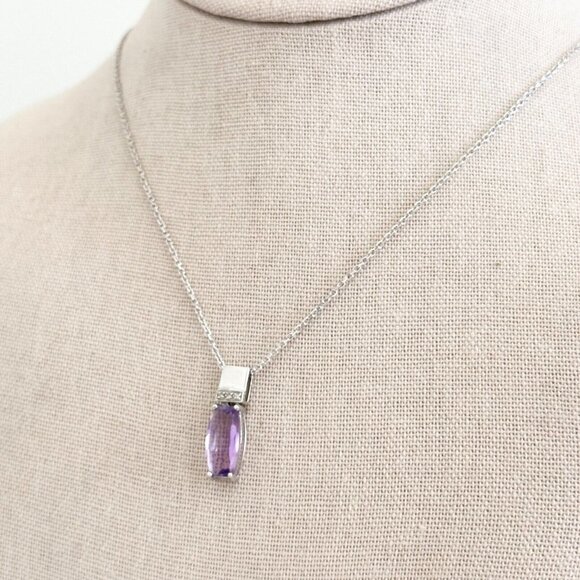 14K Solid White Gold Faceted Amethyst Diamond Accent Pendant Chain Necklace 18" - Picture 9 of 11